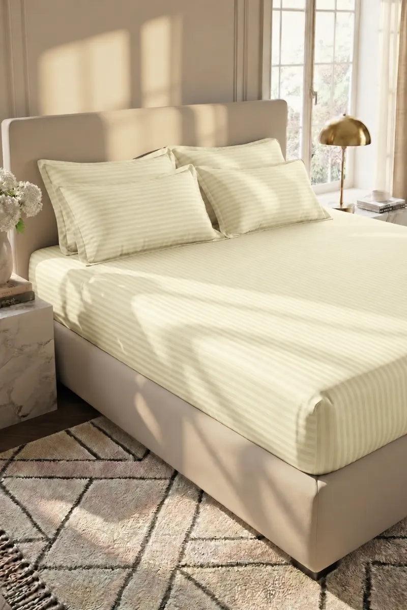 Ivory Cream Stripe Fitted Bedsheet - King Size