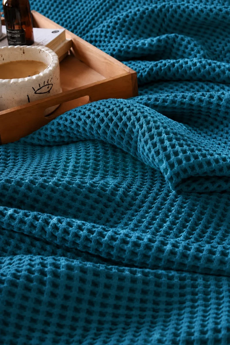 Teal Blue Cotton Blanket – Breathable Waffle Texture
