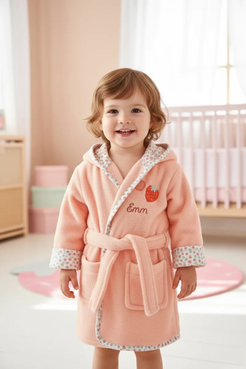 Strawberry Hooded Kids Bathrobe – Pink (Ages 9 Months to 3 Years)