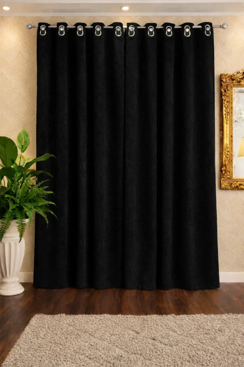 Black Soft Terry Fabric Curtain Set – Plush & Cozy Home Décor