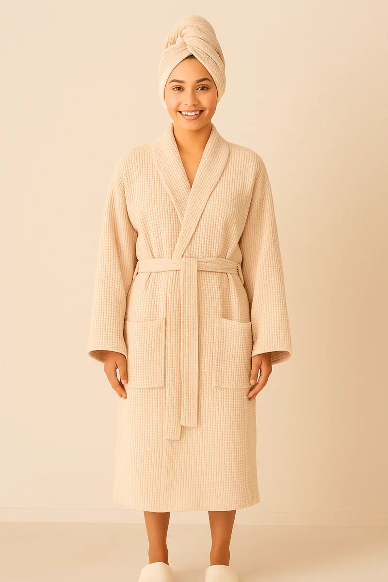 Waffle Weave Bathrobe & Hair Turban Set – Lightweight, Breathable 100% Cotton
