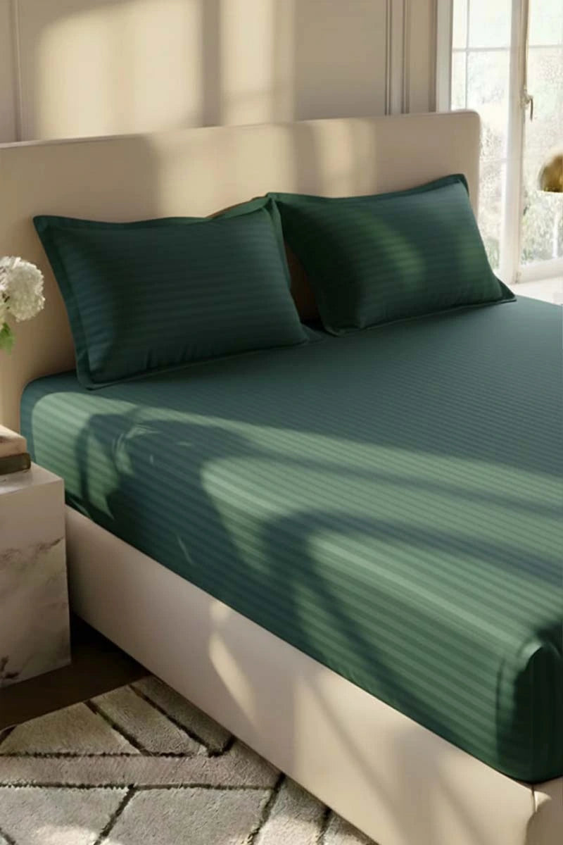 Dark Green Stripe Fitted Bedsheet - King Size