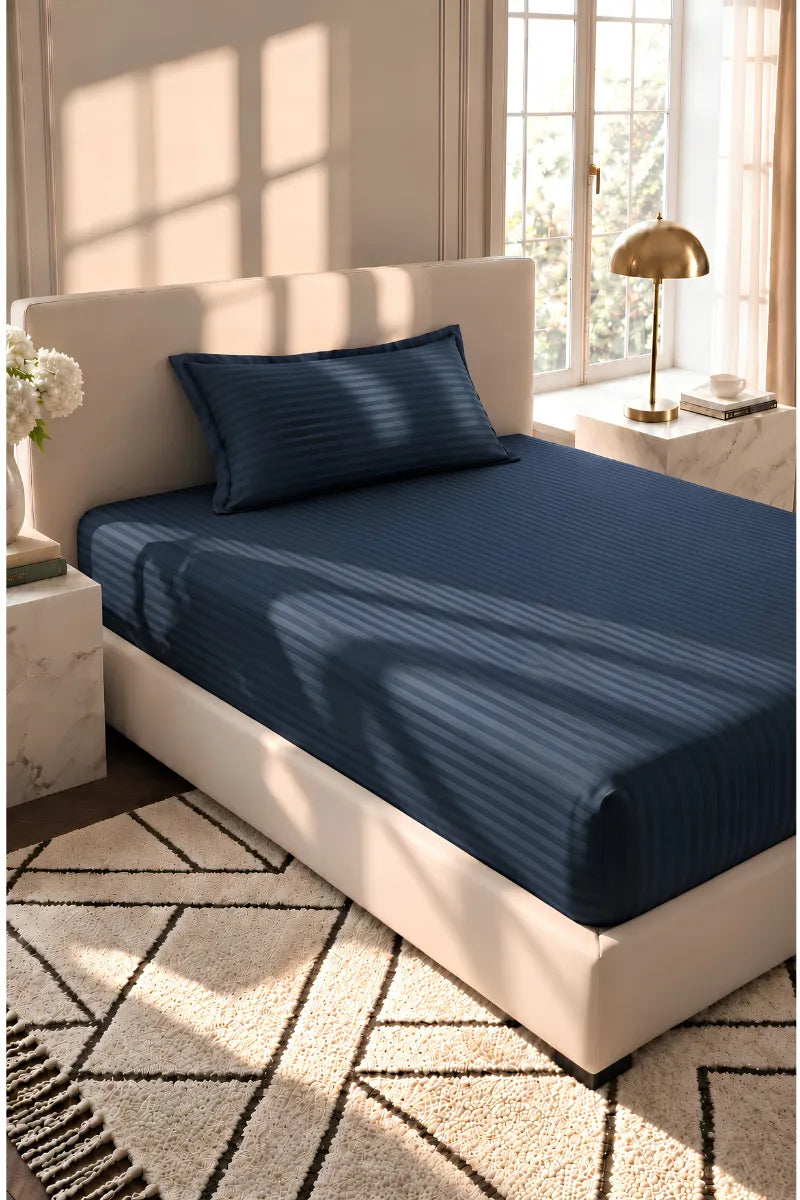 Navy Blue Stripe Fitted Bedsheet - King Size