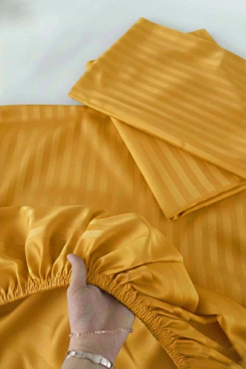 Mustard Yellow Stripe Fitted Bedsheet - King Size