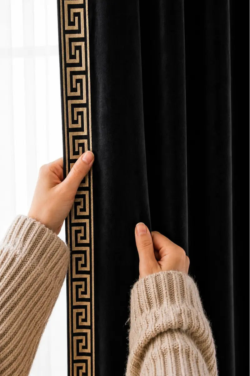 Black Designer Border Velvet Curtains – Set of 2 Panels
