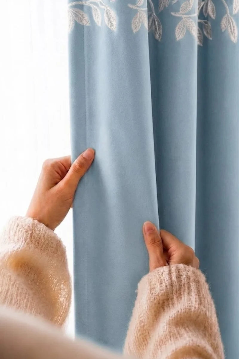 Aqua Blue Floral Vine Velvet Curtains – Set of 2 Panels