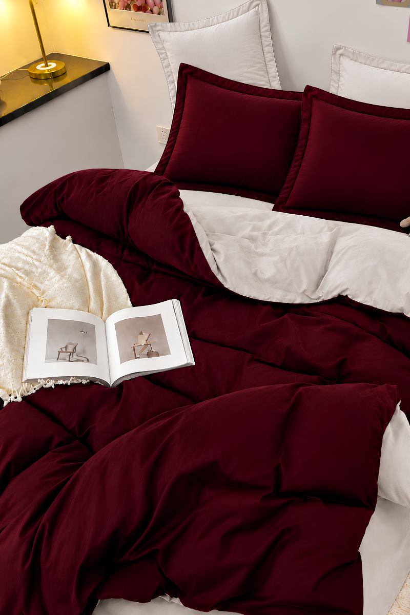 Luxury Burgundy & Ivory Reversible Duvet Comforter Set with Matching Pillow Shams