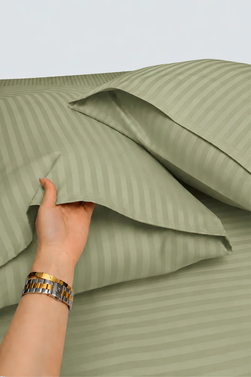 Olive Green Stripe Fitted Bedsheet - King Size