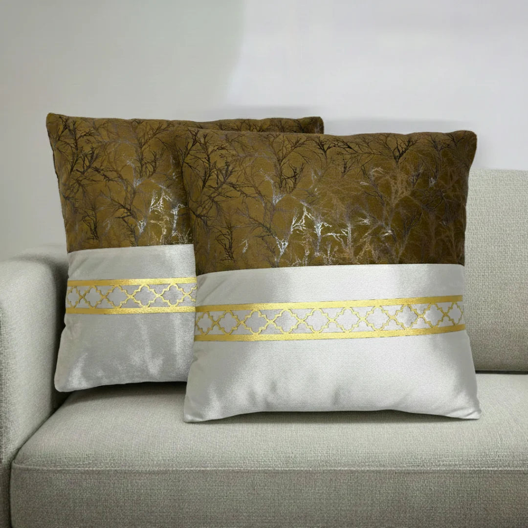Mustard & Silver-White Dual-Tone Marble Velvet Cushion (Pack of 2)