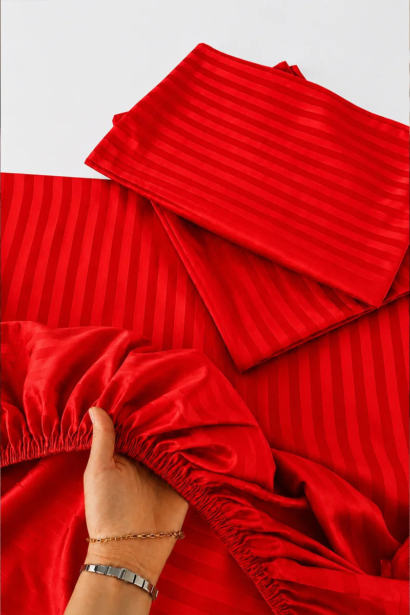 Vivid Red Stripe Fitted Bedsheet - King Size