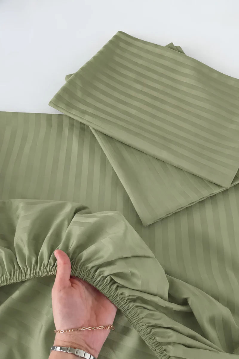Olive Green Stripe Fitted Bedsheet - King Size