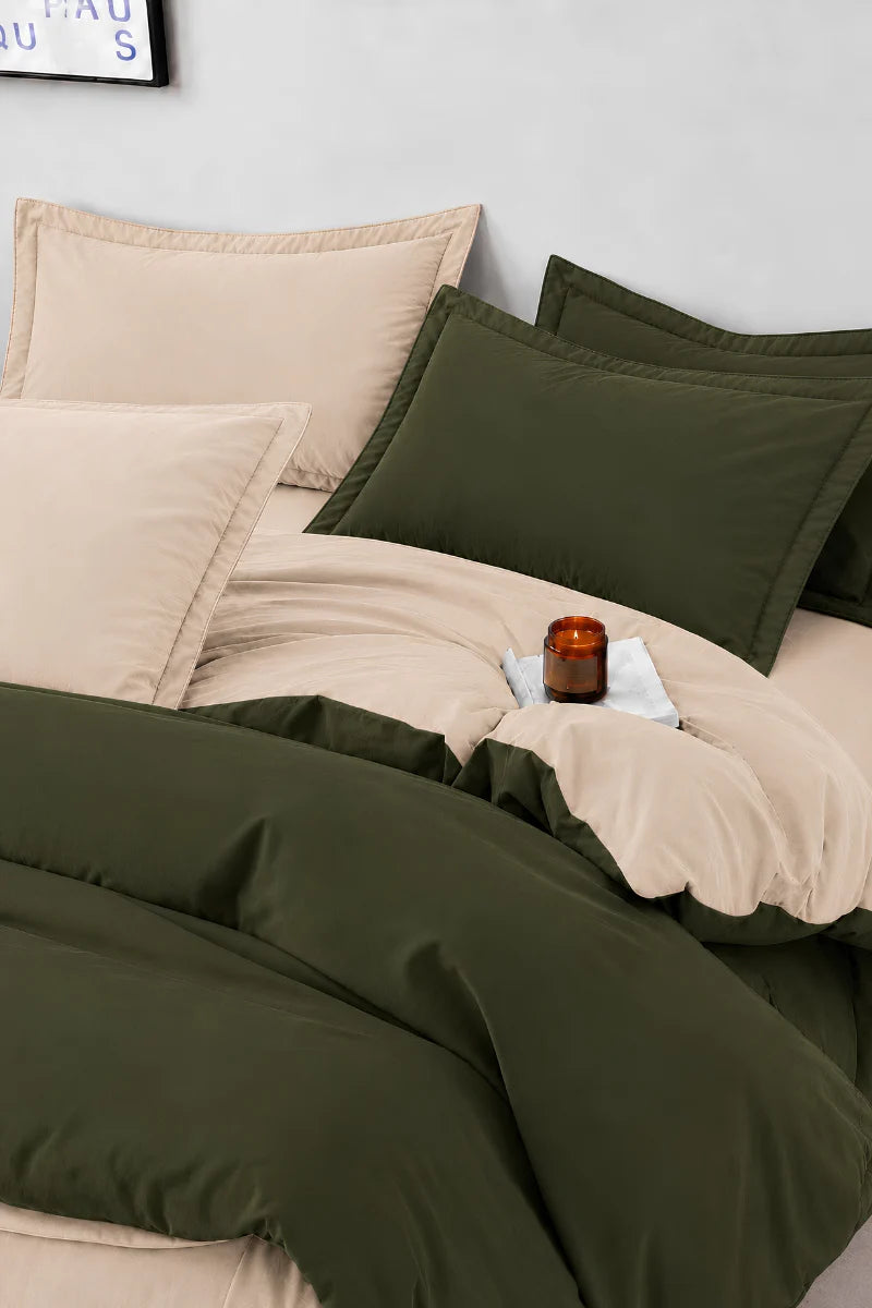 Olive Green & Beige Reversible 6-Piece Duvet Cover Set