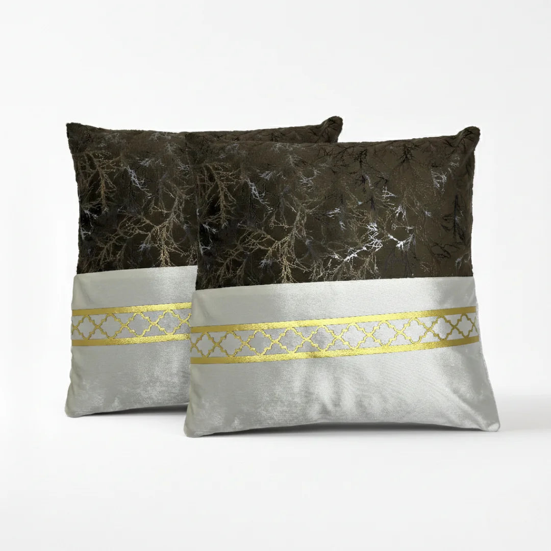 Dark Brown & Silver-White Dual-Tone Marble Velvet Cushion (Pack of 2)