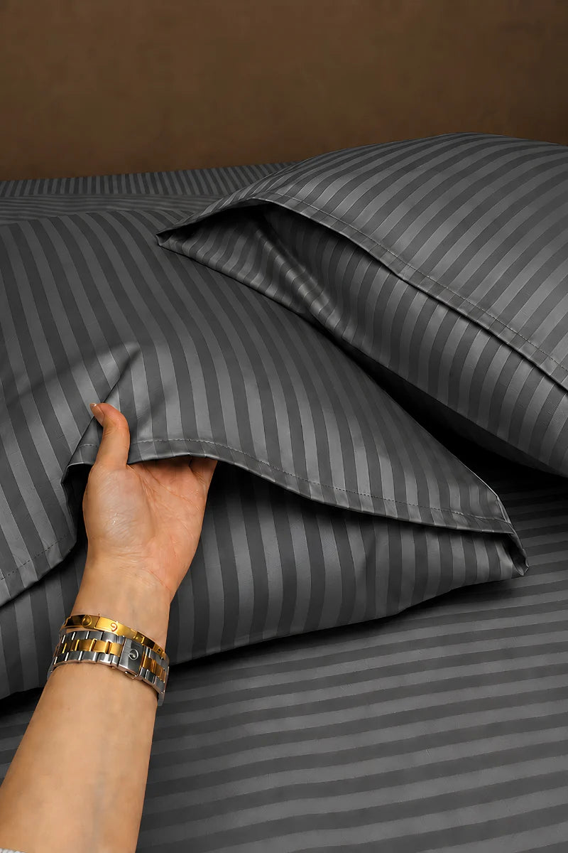 Charcoal Grey Stripe Fitted Bedsheet - King Size