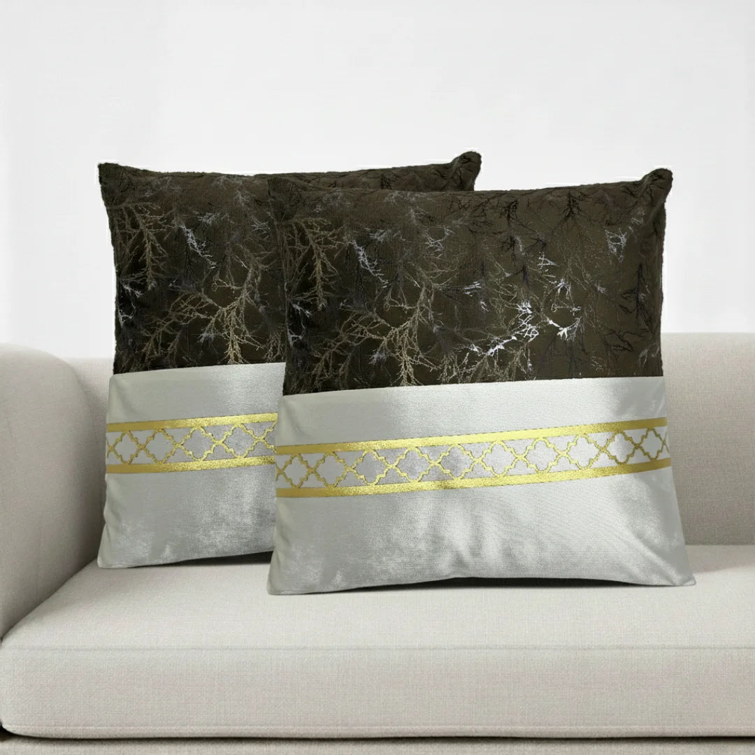 Dark Brown & Silver-White Dual-Tone Marble Velvet Cushion (Pack of 2)