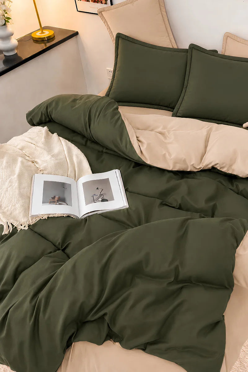 Olive Green & Beige Reversible 6-Piece Duvet Cover Set