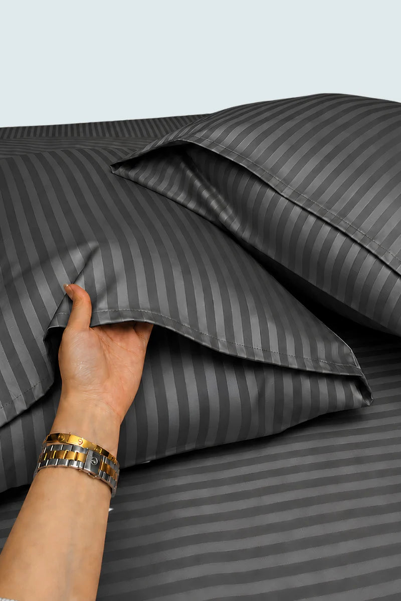 Charcoal Grey Stripe Fitted Bedsheet - King Size