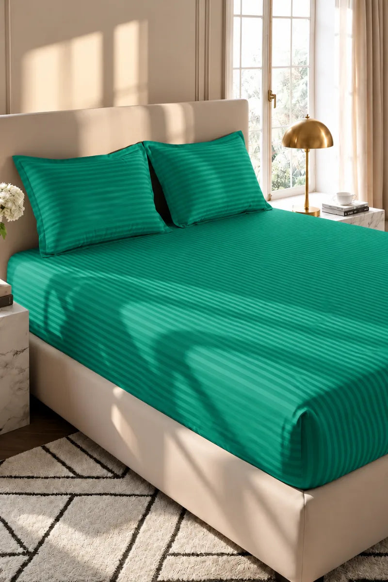 Teal Green Stripe Fitted Bedsheet - King Size