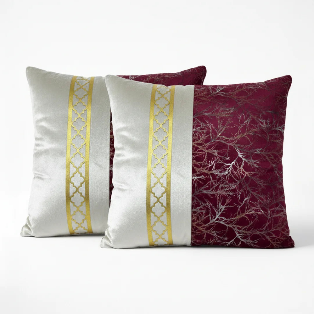 Maroon & Silver-White Dual-Tone Marble Velvet Cushion (Pack of 2)