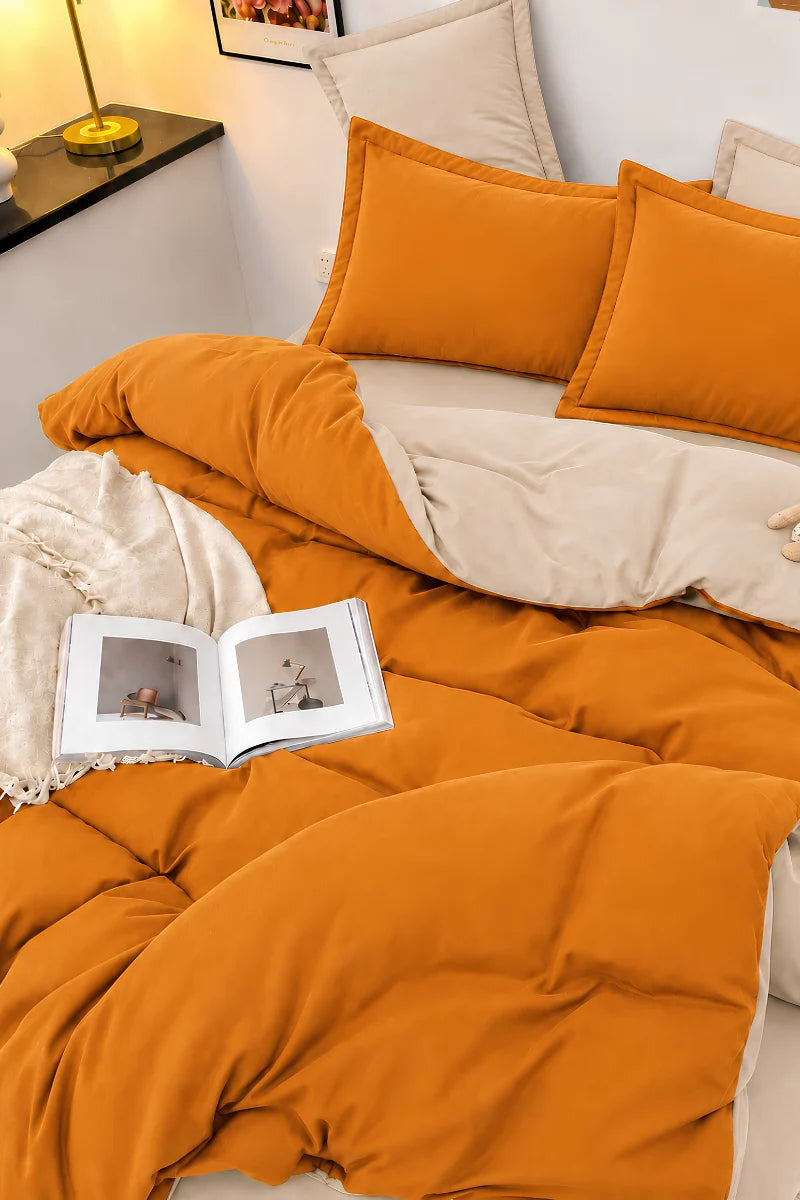 Burnt Orange & Beige Reversible 6-Piece Duvet Cover Set