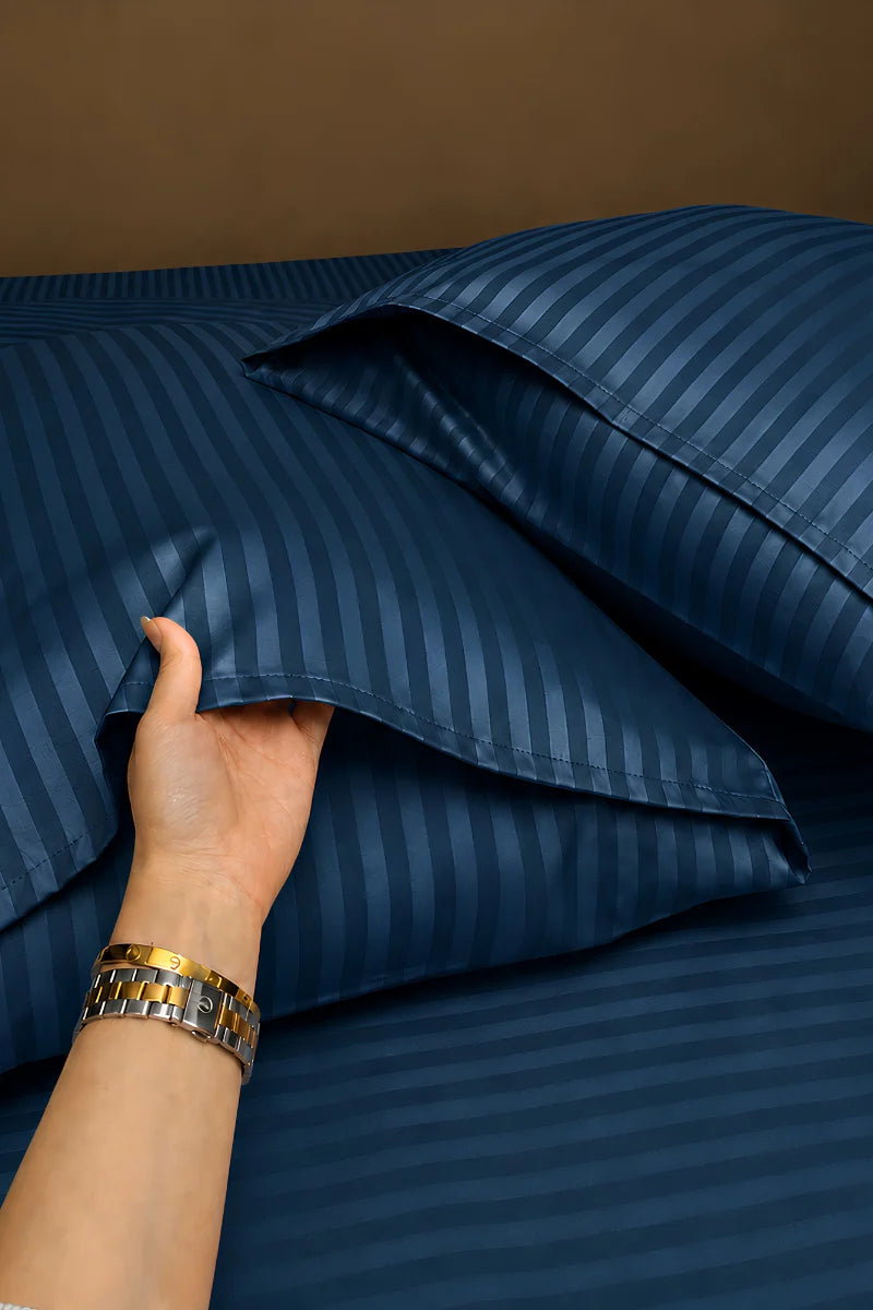 Royal Teal Stripe Fitted Bedsheet - King Size