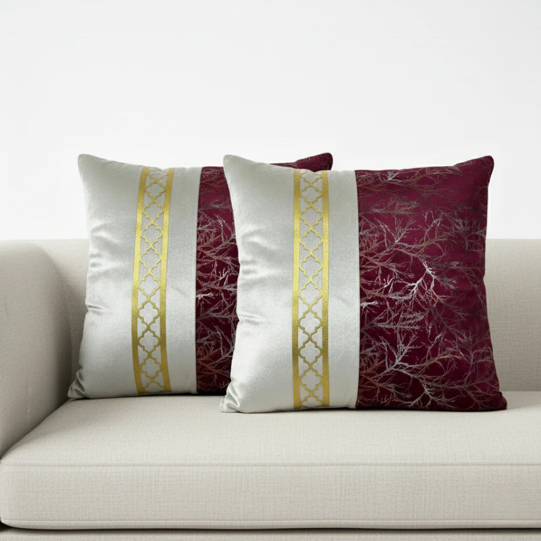 Maroon & Silver-White Dual-Tone Marble Velvet Cushion (Pack of 2)