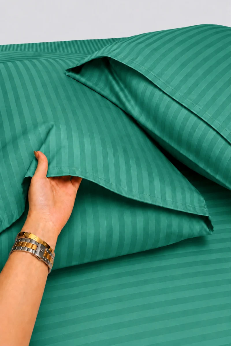 Teal Green Stripe Fitted Bedsheet - King Size