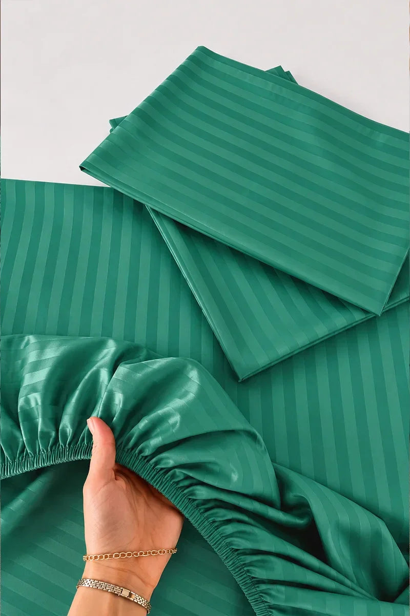 Teal Green Stripe Fitted Bedsheet - King Size