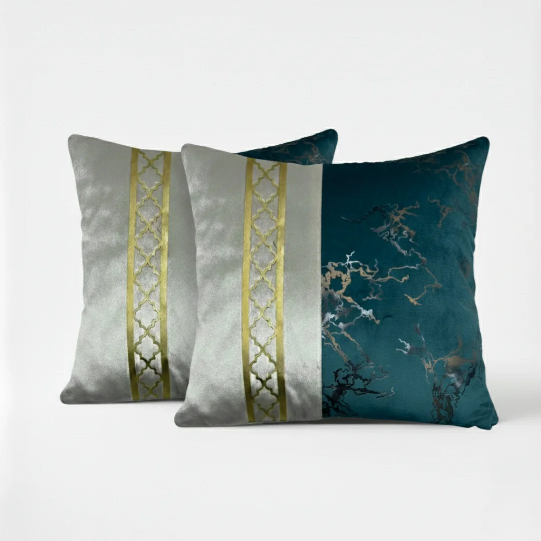 Teal Blue & Silver-White Dual-Tone Marble Velvet Cushion (Pack of 2)