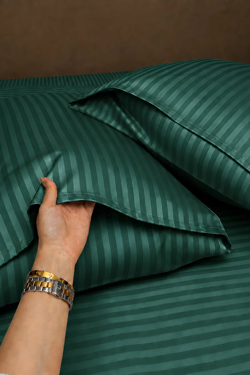 Dark Green Stripe Fitted Bedsheet - King Size