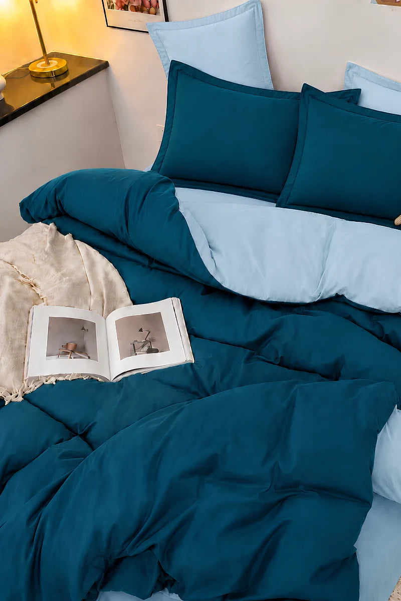 Deep Teal & Ice Blue Reversible 6-Piece Duvet Cover Set