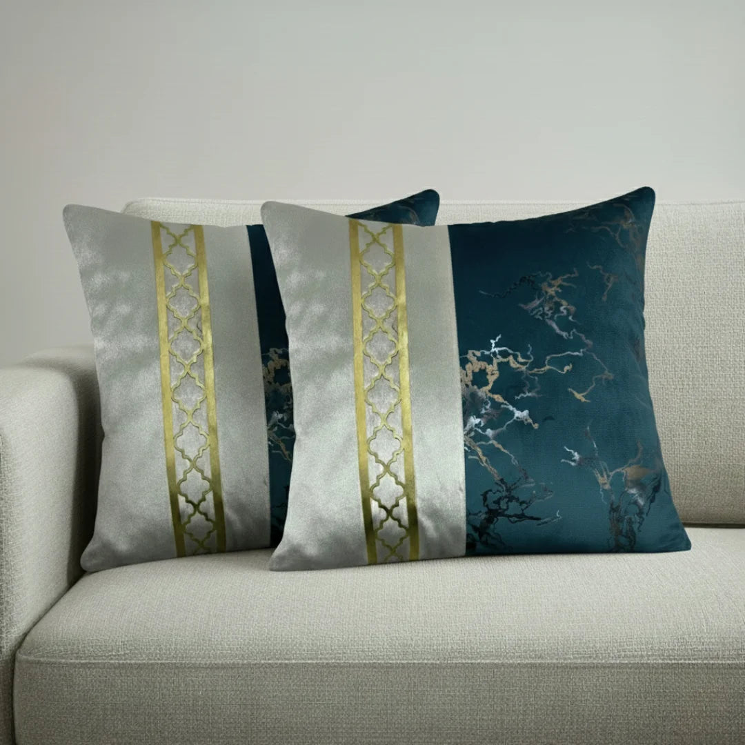 Teal Blue & Silver-White Dual-Tone Marble Velvet Cushion (Pack of 2)
