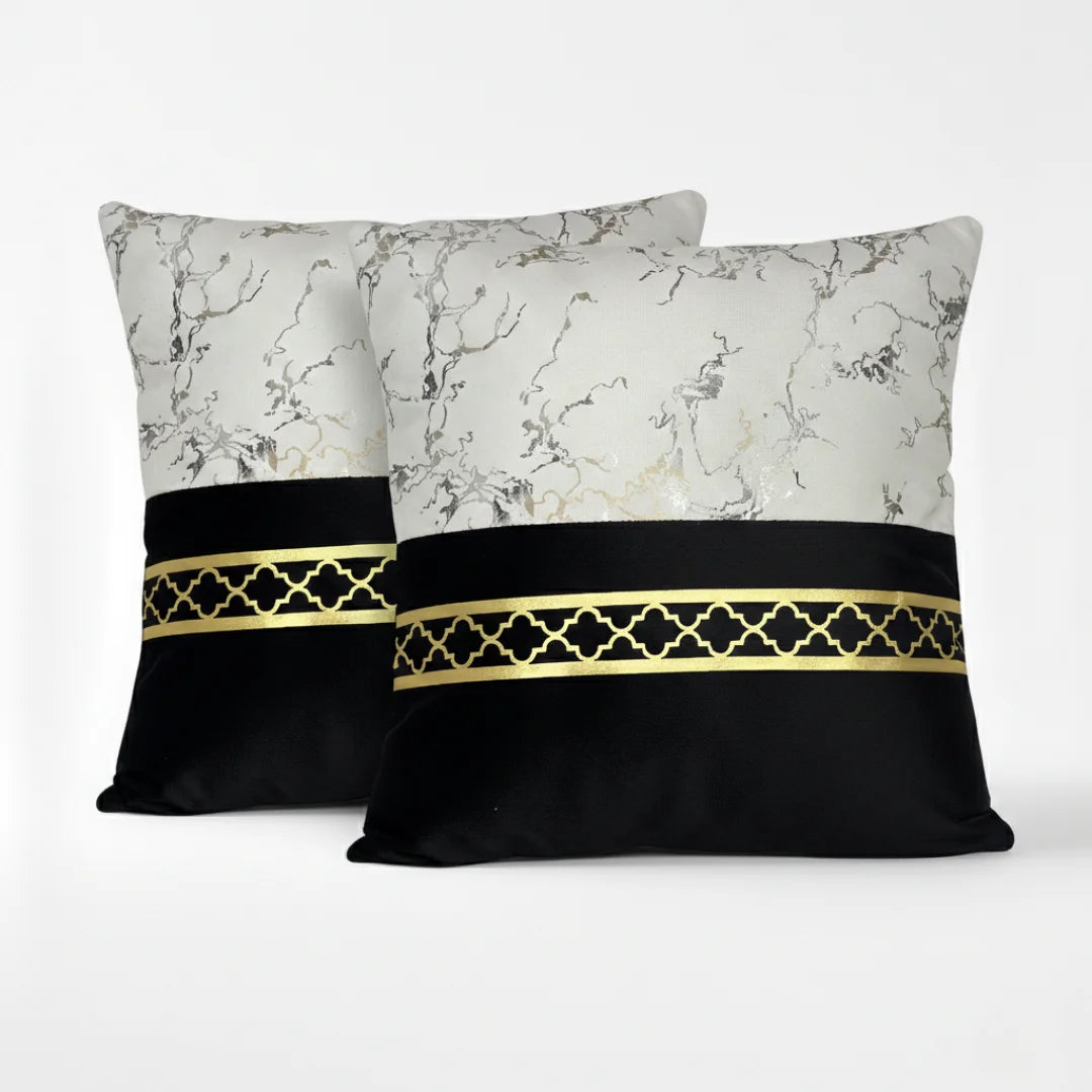 White & Black Dual-Tone Marble Velvet Cushion (Pack of 2)