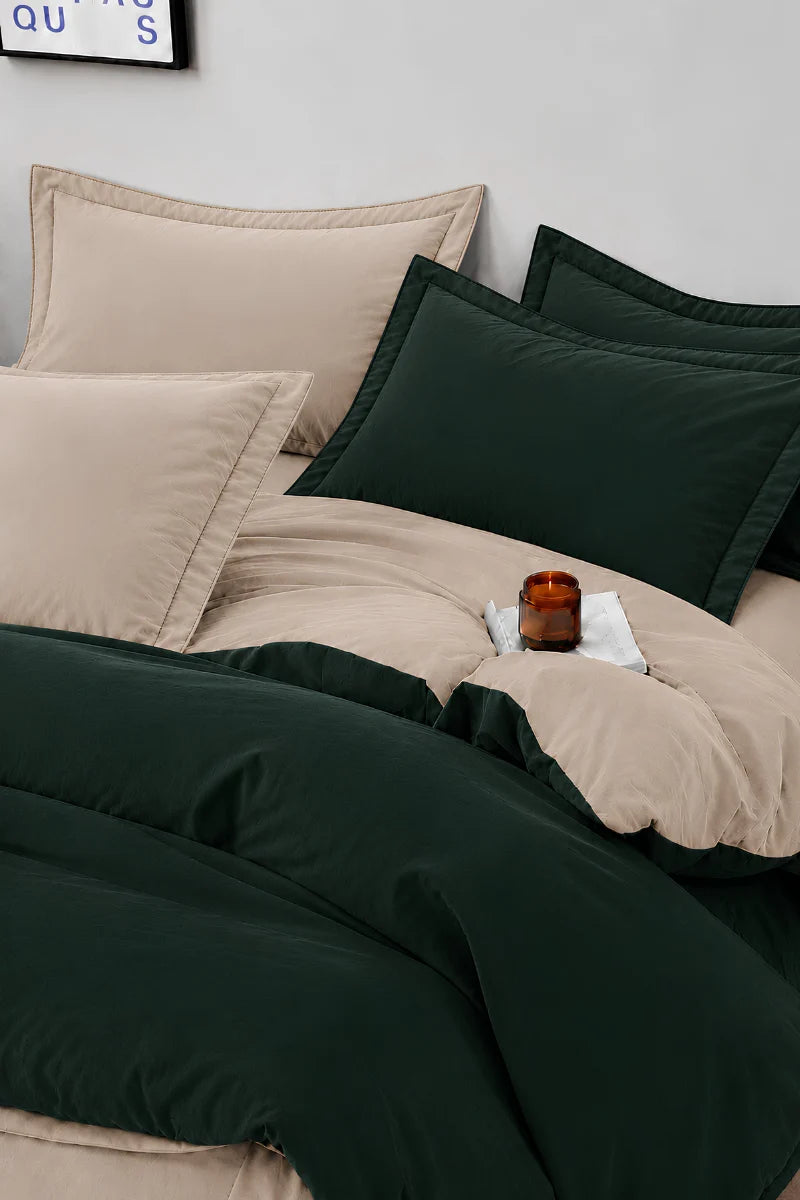 Forest Green & Beige Reversible 6-Piece Duvet Cover Set