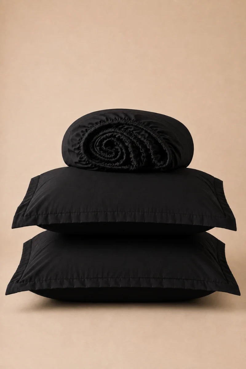 Jet Black Solid 3-Piece Bedsheet Set