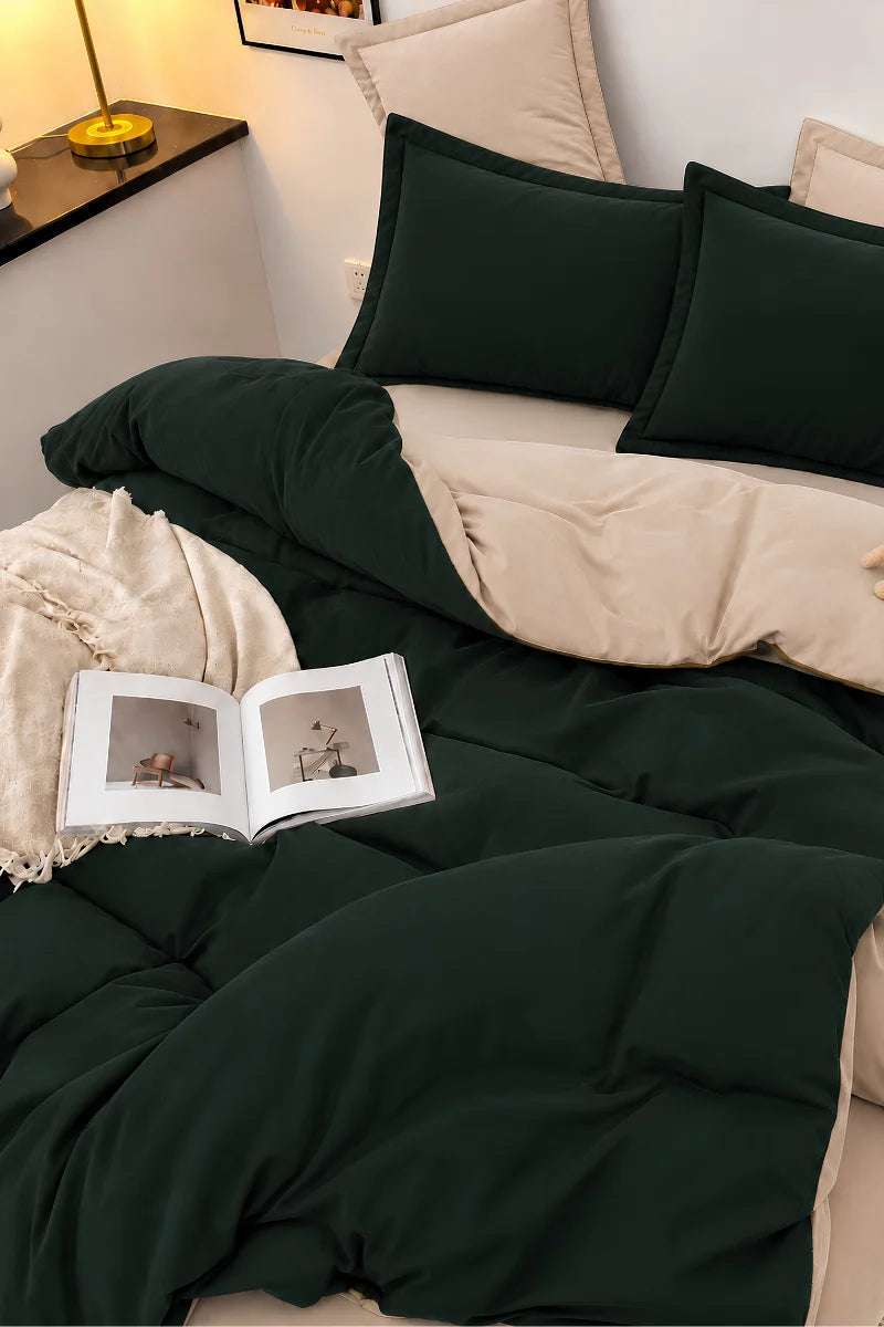 Forest Green & Beige Reversible 6-Piece Duvet Cover Set