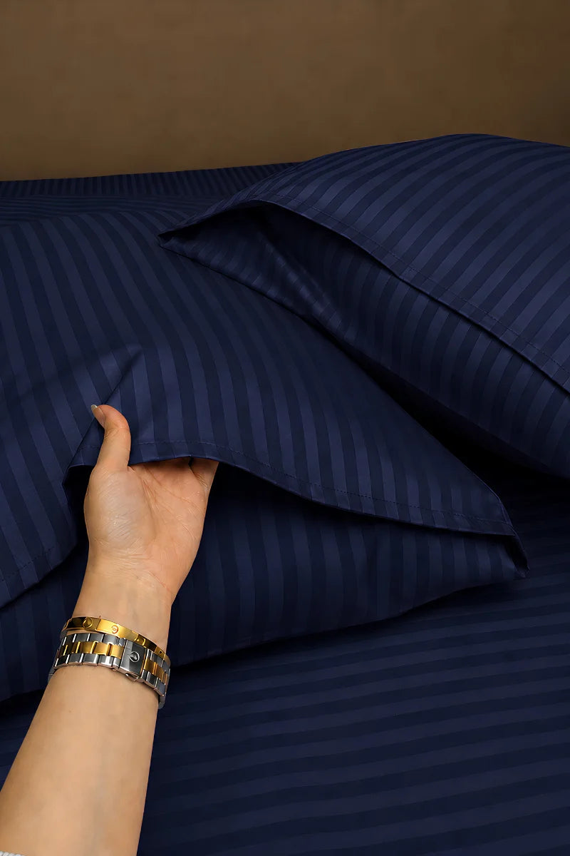 Navy Blue Stripe Fitted Bedsheet - King Size