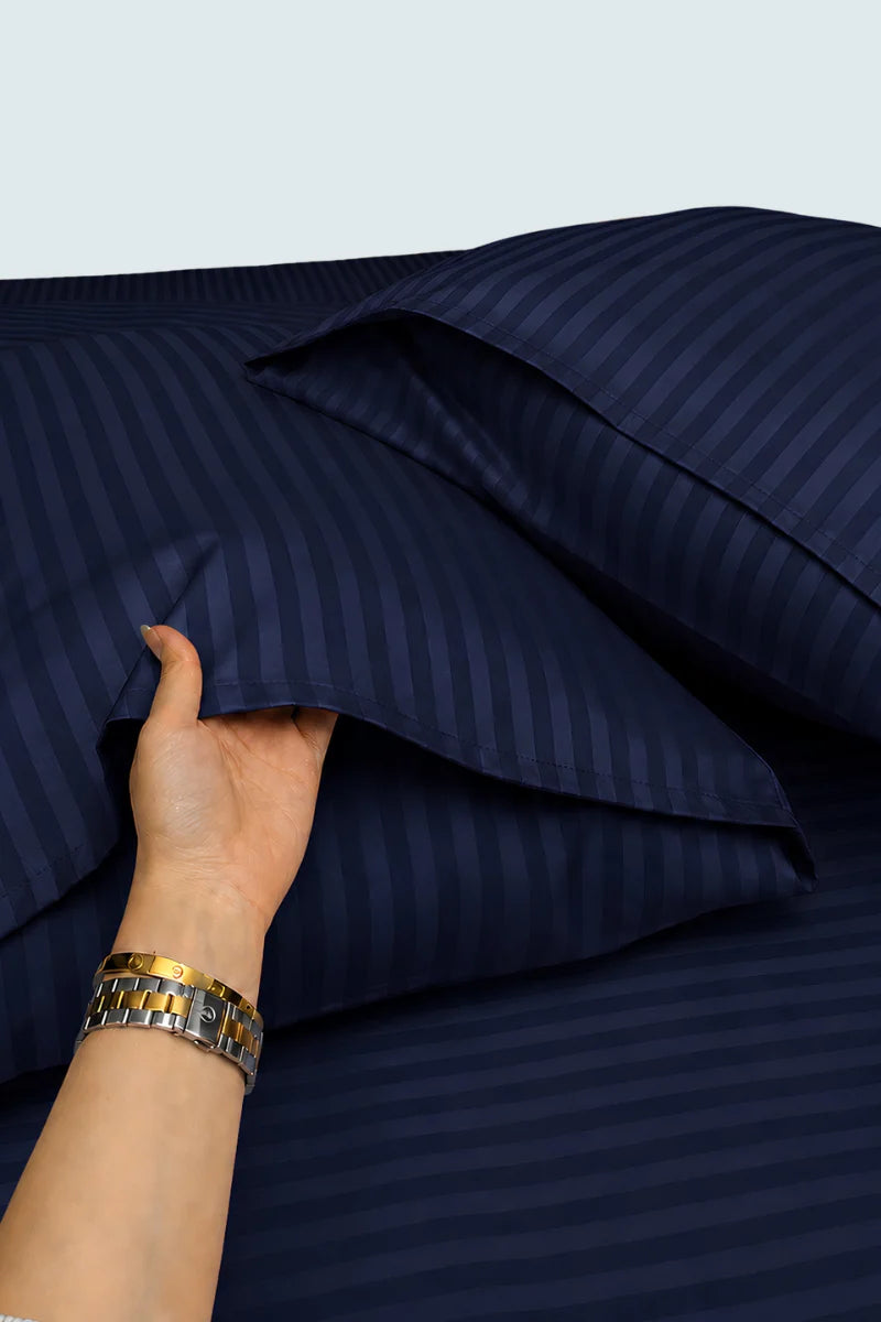 Navy Blue Stripe Fitted Bedsheet - King Size