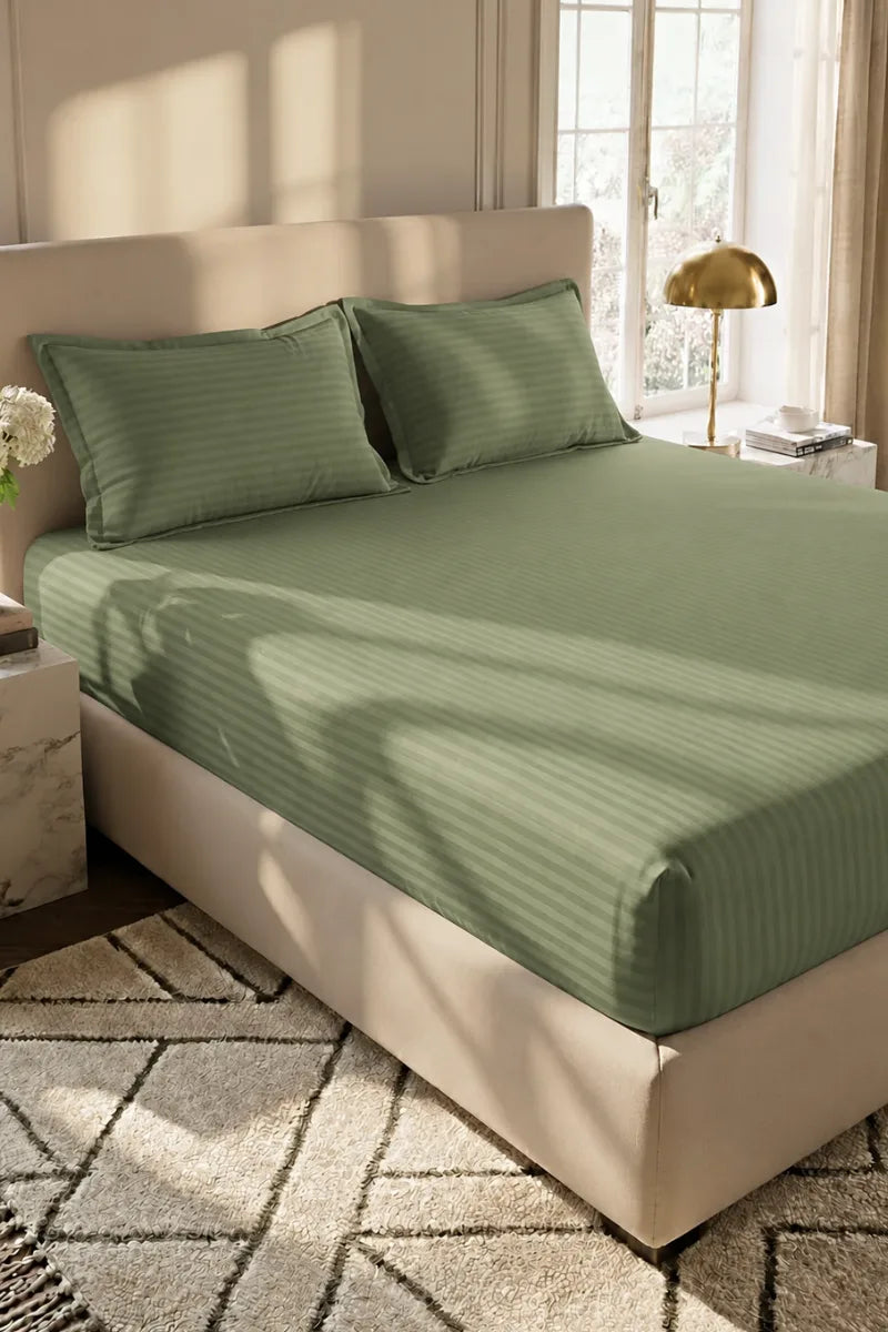 Sage Green Stripe Fitted Bedsheet - King Size