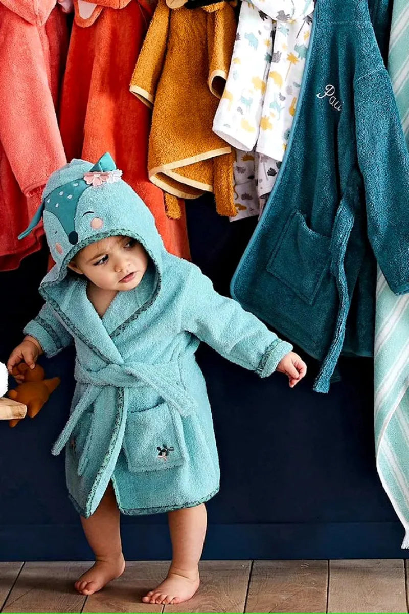 Deer Hooded Kids Bathrobe – Turquoise (Ages 9 Months to 3 Years)