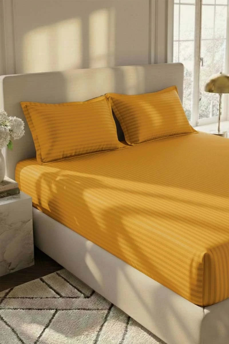 Mustard Yellow Stripe Fitted Bedsheet - King Size