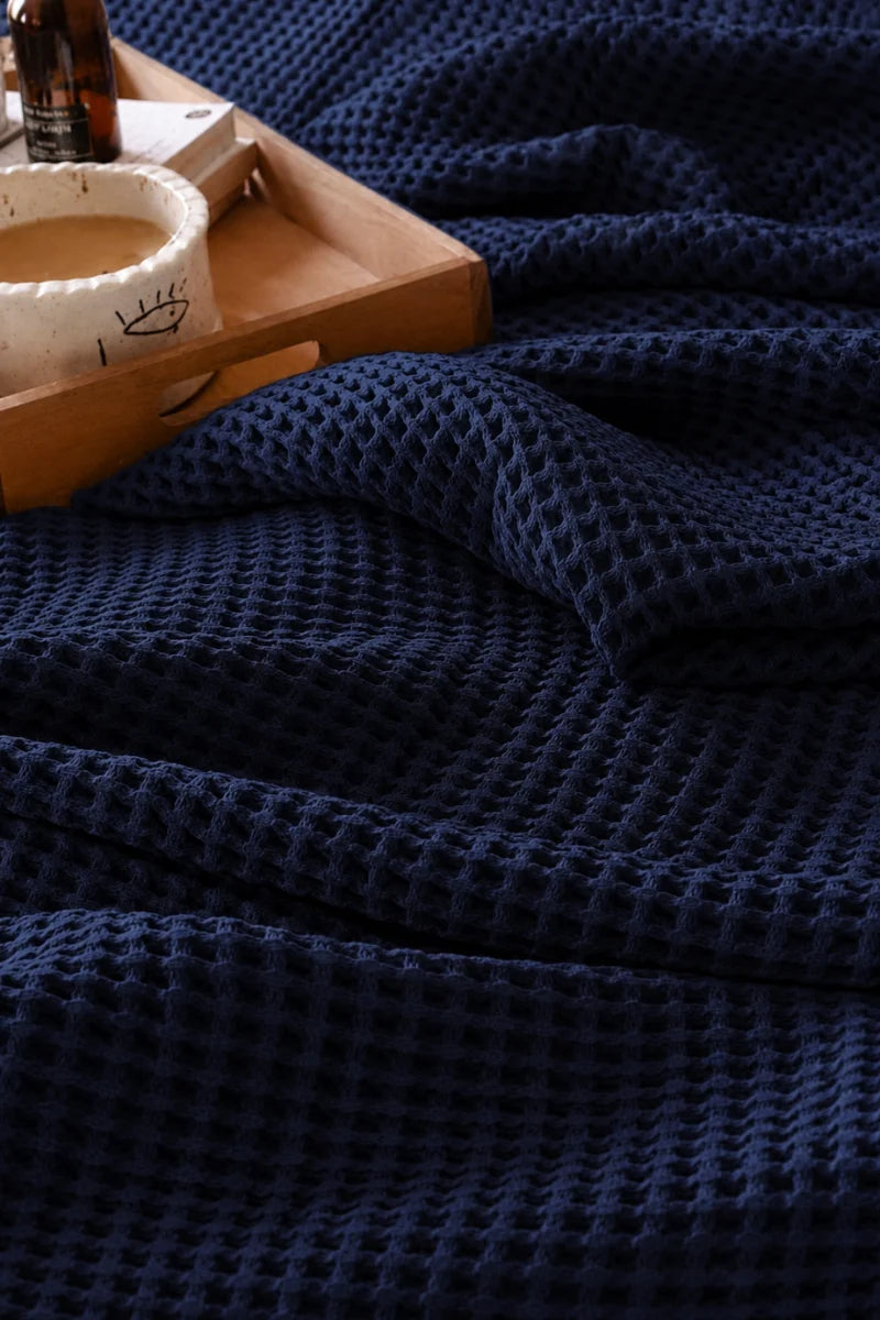 Navy Blue Cotton Blanket – Breathable Waffle Texture