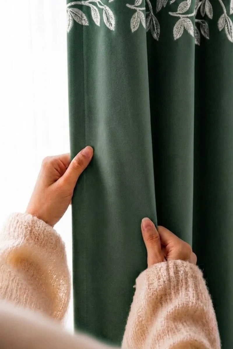 Dark Green Floral Vine Velvet Curtains – Set of 2 Panels