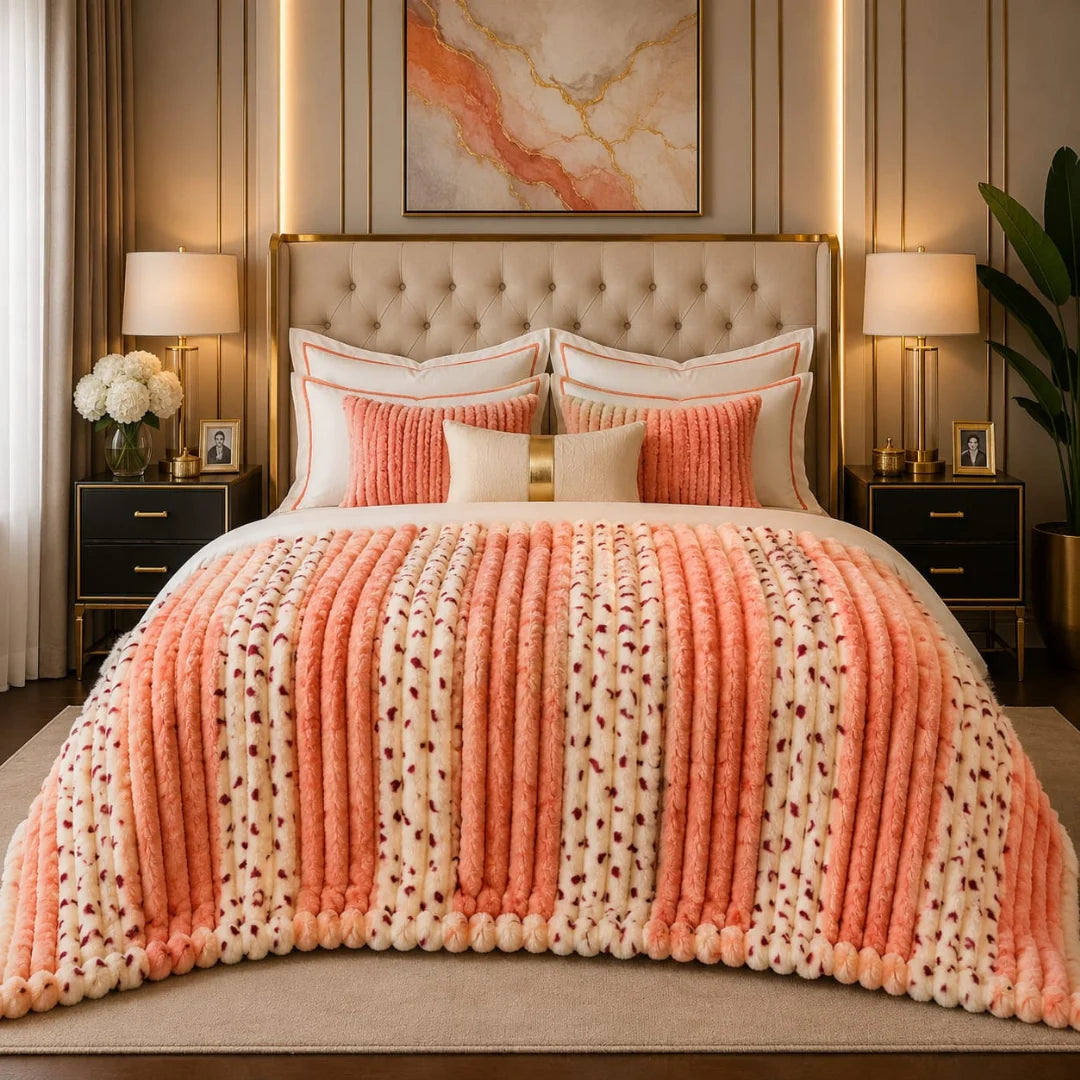 Luxury Peach, Coral & Cream Spotted Striped Bubble Design Fluffy Fleece Double Bed AC Blanket (220 GSM)