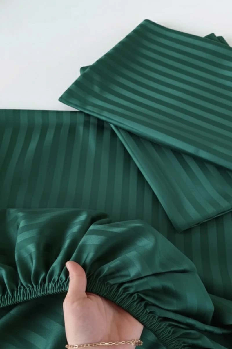 Dark Green Stripe Fitted Bedsheet - King Size