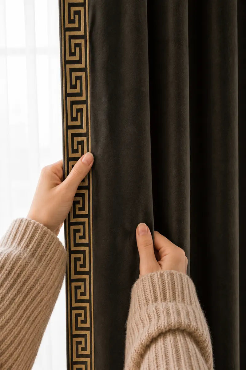 Dull Black Designer Border Velvet Curtains – Set of 2 Panels