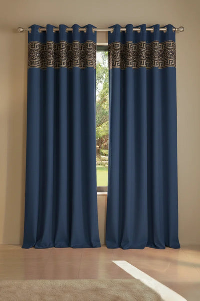 Navy Blue Imperial Border Velvet Curtains - Set of 2 Panels