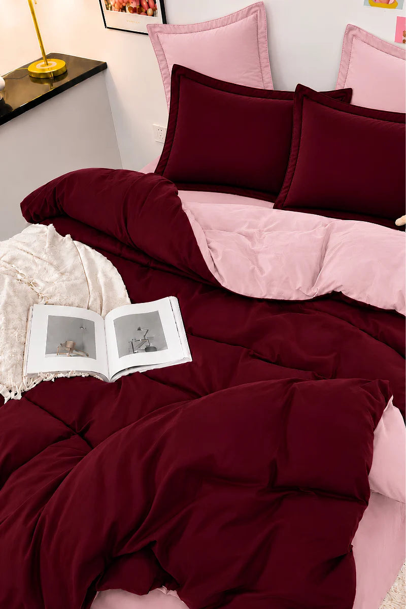Burgundy & Blush Pink Reversible 6-Piece Duvet Cover Set