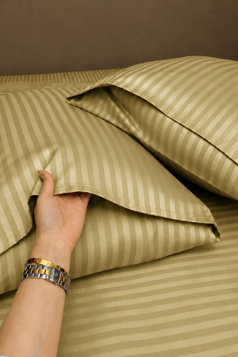 Olive Green Stripe Fitted Bedsheet - King Size