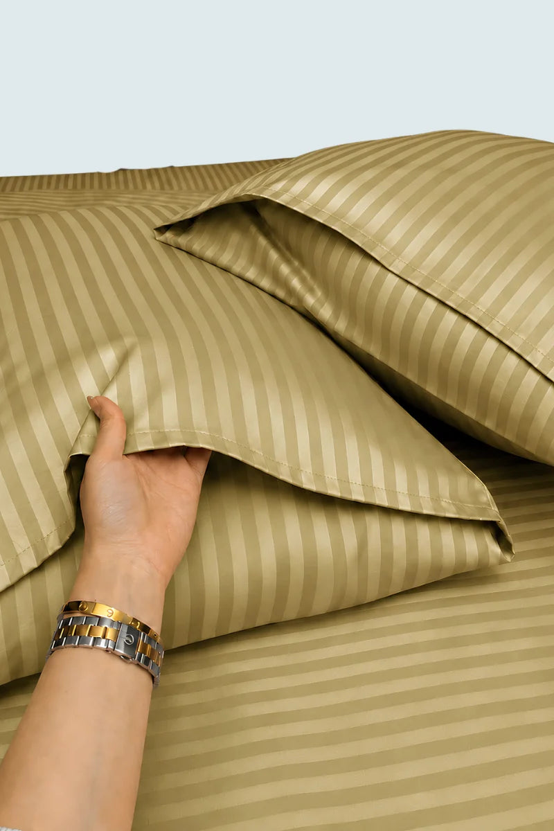 Olive Green Stripe Fitted Bedsheet - King Size
